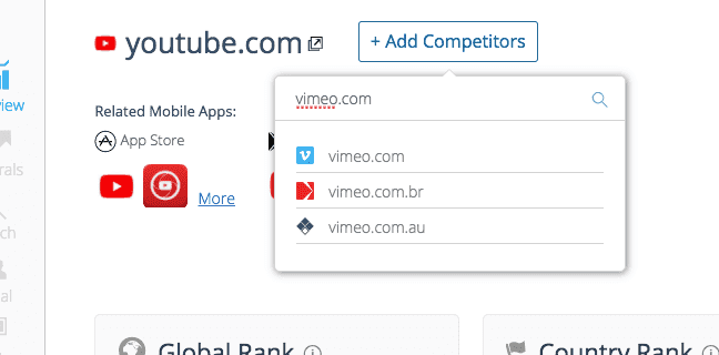 An image from SimilarWeb showing adding competitors for comparison