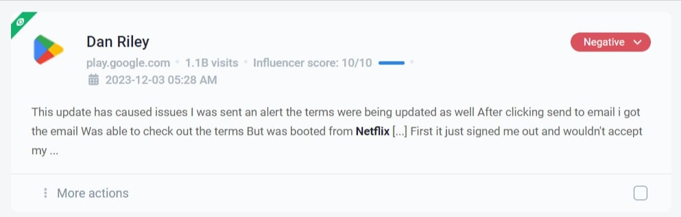 Negative Google Play review detected by Brand24, the best AI media monitoring tool