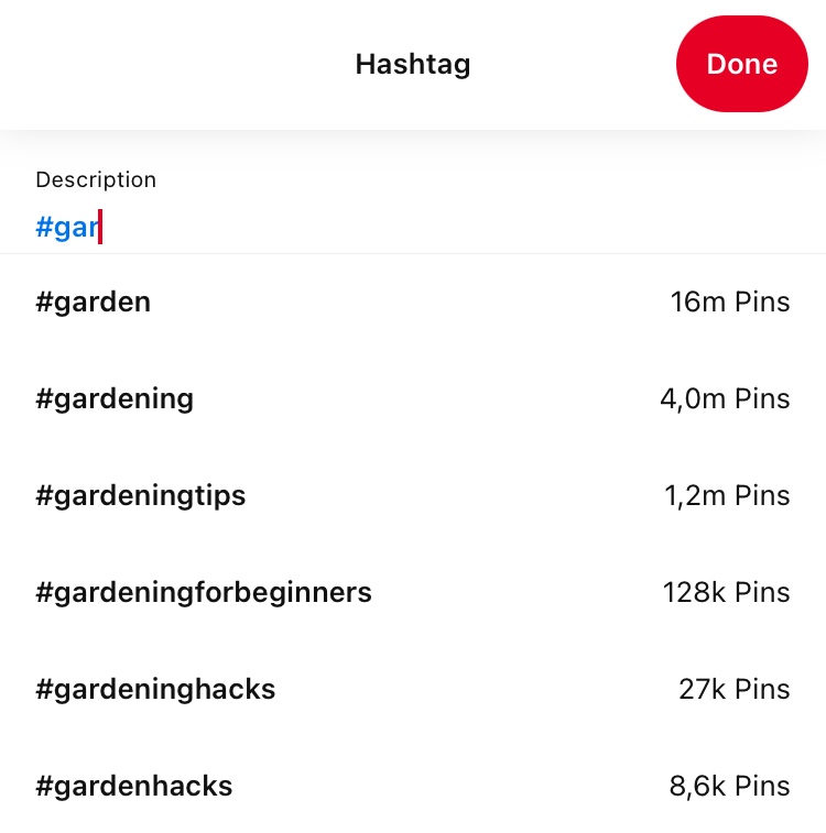 Sugerencias de hashtag al añadir un nuevo Pin desde la app de Pinterest