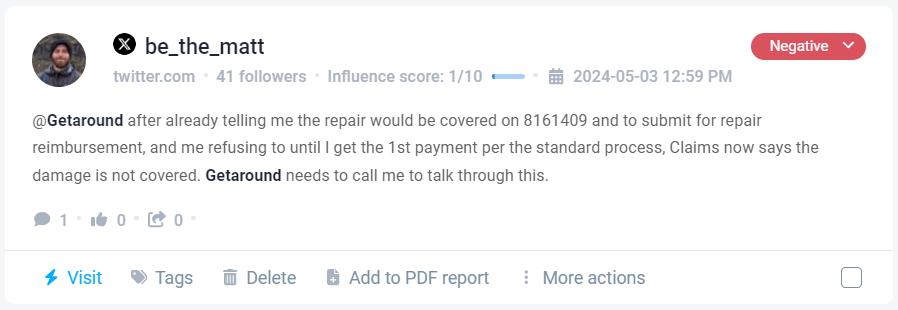 Negative comment about Getaround detected by Brand24, the best AI tool