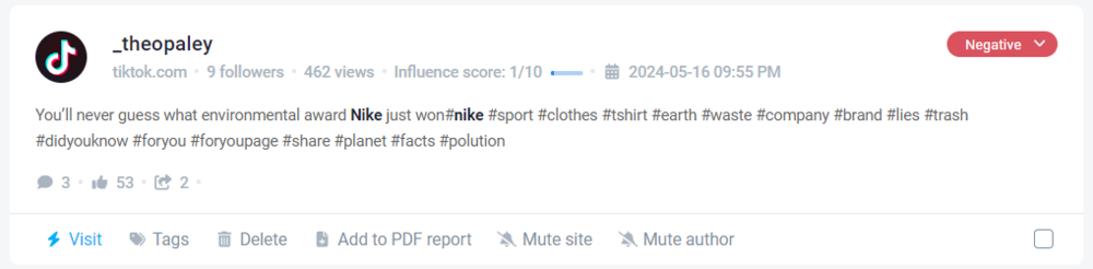 Untagged Nike mention on TikTok detected by Brand24, the best AI-powered social media monitoring tool
