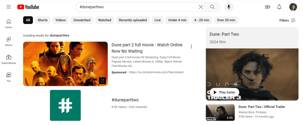 Hashtag #duneparttwo en YouTube