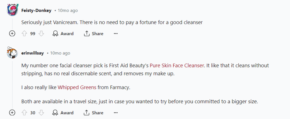 Answers to the post on Reddit about the best facial cleanser for daily use