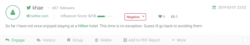 print screen of a negative comment from Brand 24 a social media monitoring tool